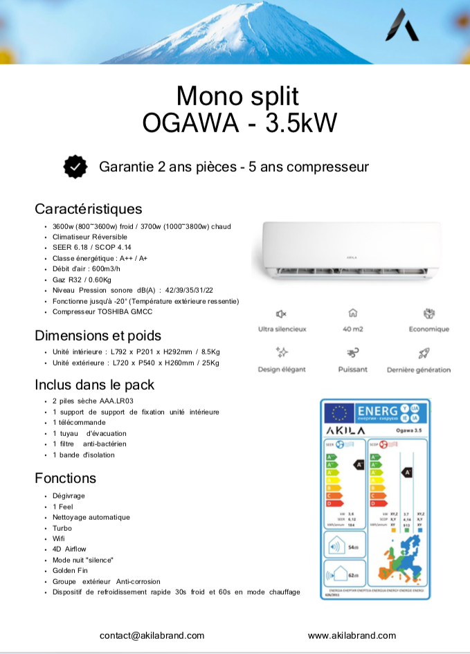 OGAWA - Climatiseur réversible - Mono split - 3600W - 12000 BTU